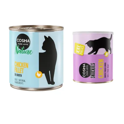 Cosma Kombi-Paket: 24 x 280 g Nature + 2 x 200 g Maxi Snackie XXL - Hühnchenfilet + Hühnchen  Cosma Kombi-Paket: 24 x 280 g Nature + 2 x 200 g Maxi Snackie XXL - Hühnchenfilet + Hühnchen