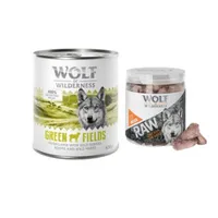 Wolf of Wilderness Kombi-Paket: 24 x 800 g Nassfutter + 4 x 70 g RAW Snacks - Green Fields - Lamm + Hühnerherzen