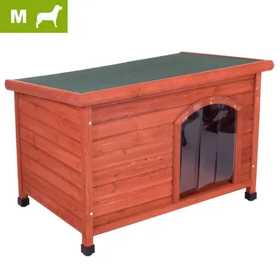 Niche pour chien en bois avec toit plat vert, entrée protégée par lamelles plastiques. Icône verte en haut à gauche : taille M, silhouette de chien.