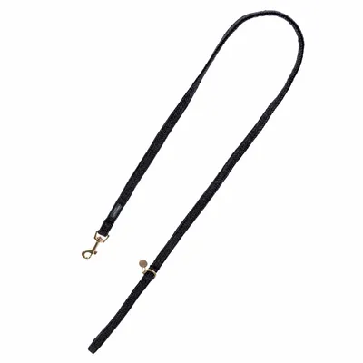 Schwarze Hundeleine mit goldfarbenem Karabinerhaken und verstellbarem Ring.
