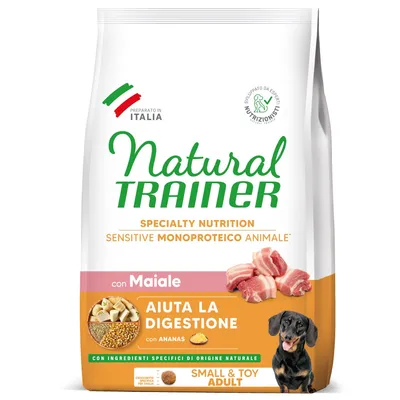 Natural Trainer Specialty Nutrition Sensitive Monoproteico Animale con Maiale, aiuta la digestione con ananas, ingredienti di origine naturale, Small & Toy Adult, preparato in Italia.