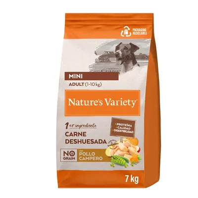 Nature's Variety MINI ADULT (1–10 kg), 7 kg. 1er ingrediente carne deshuesada, sin cereales, con pollo campero. Packaging reciclable. Proteína, calidad y digestibilidad.