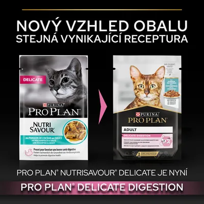 Porovnání starého a nového obalu kapsičky pro kočky Purina Pro Plan. Nápisy: Nový vzhled obalu, stejná vynikající receptura. Nutrisavour Delicate je nyní Delicate Digestion.