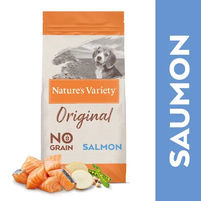 Упаковка корма для собак Nature’s Variety Original, надписи: NO GRAIN, SALMON. На переднем плане кусочки лосося, картофель, горох. Справа крупно текст SAUMON.
