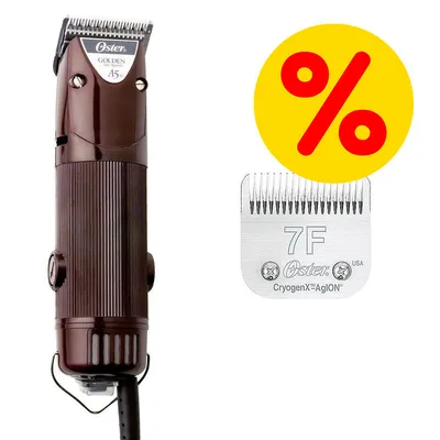 Oster Golden A5 -lemmikkitrimmeri ja Oster CryogenX AgION 7F -terä, keltainen alennusmerkki kuvassa