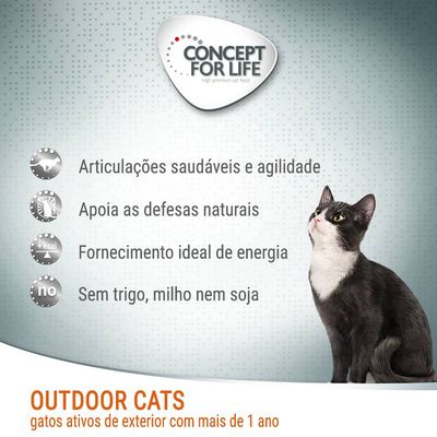 Concept for Life Outdoor Cats. Articulações saudáveis e agilidade, apoia as defesas naturais, fornecimento ideal de energia, sem trigo, milho nem soja. Para gatos ativos de exterior com mais de 1 ano.