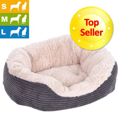 Panier pour animaux en tissu beige et gris, badge jaune Top Seller. Icônes tailles S, M, L pour chien et chat visibles en haut à gauche.