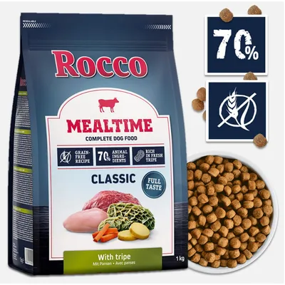 Karma sucha Rocco Mealtime Classic z żwaczem, 1 kg. Widoczne: 70% składników zwierzęcych, bez zbóż, bogata w świeży żwacz. Opakowanie i miska z karmą.