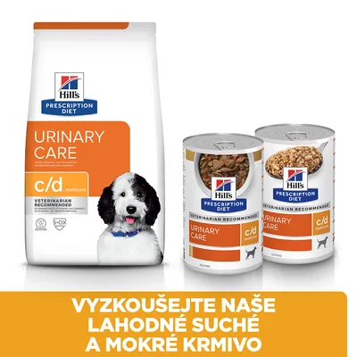 Hill's Prescription Diet Urinary Care c/d multicare pre psov, balenie suchého a mokrého krmiva. Text: Vyskúšajte naše lahodné suché a mokré krmivo.