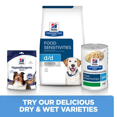 Hill's Prescription Diet Food Sensitivities d/d suha i mokra hrana te Hypoallergenic poslastice za pse. Tekst: TRY OUR DELICIOUS DRY & WET VARIETIES.