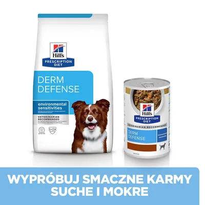 Hill's Prescription Diet Derm Defense karma sucha i mokra dla psów, widoczne opakowanie oraz puszka. Napis: Wypróbuj smaczne karmy suche i mokre.