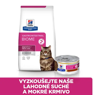 Hill's Prescription Diet Gastrointestinal Biome pro kočky, suché a mokré krmivo. Text: Vyzkoušejte naše lahodné suché a mokré krmivo.