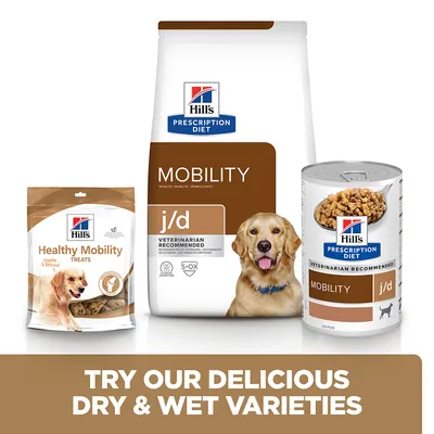 Hill's Prescription Diet Mobility dry food, wet food and Healthy Mobility treats with text: Try our delicious dry & wet varieties.