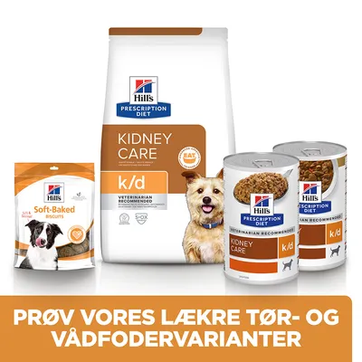 Hill's Prescription Diet Kidney Care k/d tør- og vådfoder samt Soft-Baked Biscuits til hund. Tekst: Prøv vores lækre tør- og vådfodervarianter.