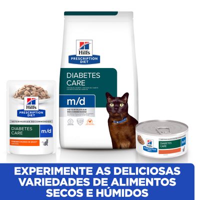 Hill's Prescription Diet Diabetes Care m/d para gatos, pedaços tenros em molho de frango. Texto visível: NOVA FÓRMULA, VETERINARIAN RECOMMENDED, TENDER CHUNKS IN GRAVY CHICKEN.