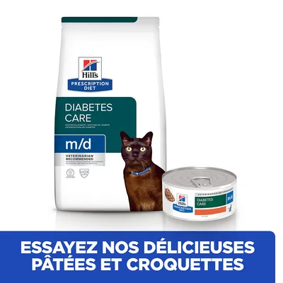 Hill's Prescription Diet Diabetes Care m/d pour chats, paquet de croquettes et boîte de pâtée visibles. Texte : Essayez nos délicieuses pâtées et croquettes.