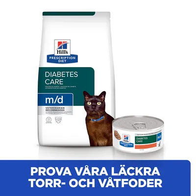 Hill's Prescription Diet Diabetes Care m/d torrfoderpåse och våtfoderrburk för katt. Text: Prova våra läckra torr- och våtfoder.