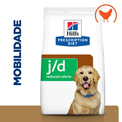Embalagem de ração Hill's Prescription Diet j/d reduced calorie, com imagem de cão e ícone de frango. Texto visível: MOBILIDADE. Embalagem de ração Hill's Prescription Diet j/d reduced calorie, com imagem de cão e ícone de frango. Texto visível: MOBILIDADE.