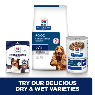 Hill's Prescription Diet z/d Food Sensitivities száraz és nedves kutyaeledel, Hill's Hypoallergenic Treats jutalomfalat csomagolása látható.