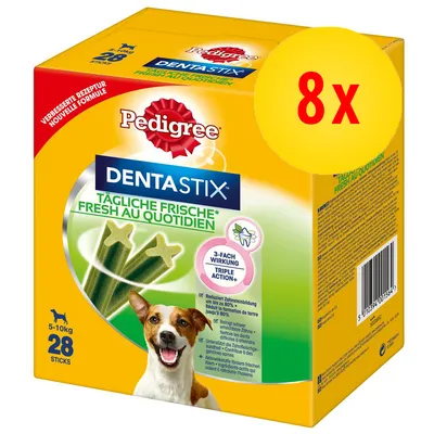 Pedigree Dentastix Tägliche Frische Fresh au Quotidien, 8x, 28 sticks, 5–10 kg, 3-Fach Wirkung Triple Action+ synlig på pakken