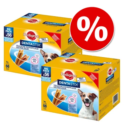 Pedigree DentaStix BIG PACK x56 koirien hammashoitoherkut, kaksi pakkausta, tarjousmerkki prosenttimerkillä. Pakkauksessa näkyy tuotenimi ja määrä 56 kpl.