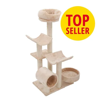 Arbre à chat beige avec plusieurs plateformes, tunnel et panier en tissu. Badge jaune avec texte rouge : TOP SELLER.