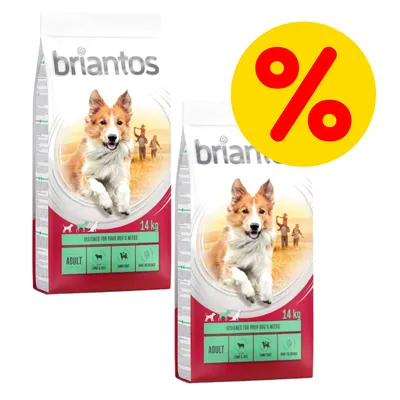 To sække Briantos hundefoder 14 kg, synlig tekst: ADULT, LAMB & RICE, SHINY COAT, HIGH TOLERANCE. Stor gul cirkel med rød procenttegn. To sække Briantos hundefoder 14 kg, synlig tekst: ADULT, LAMB & RICE, SHINY COAT, HIGH TOLERANCE. Stor gul cirkel med rød procenttegn.