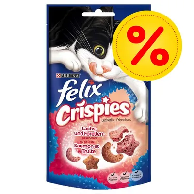 Confezione Purina Felix Crispies con salmone e trota, visibile simbolo percentuale giallo per offerta. Testo: proteine, vitamine, omega 6.