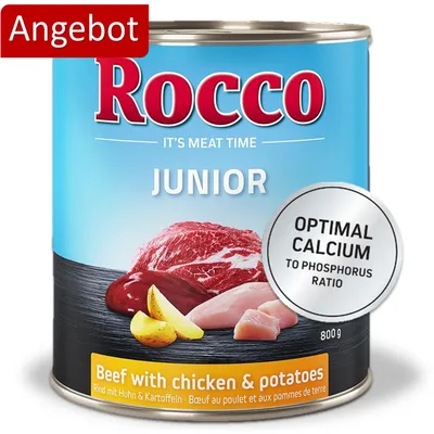Rocco Junior Nassfutter, Rind mit Huhn und Kartoffeln, 800g. Optimaler Calcium-Phosphor-Verhältnis. Angebot.