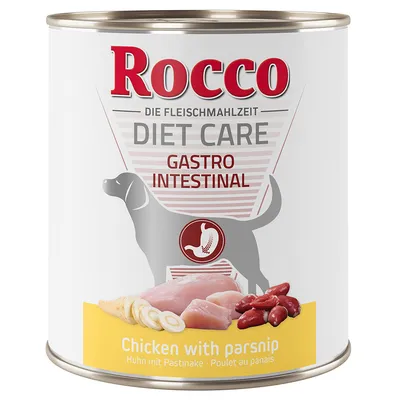 Консерва Rocco Diet Care Gastro Intestinal, изображены куриное филе, пастернак и фасоль. Текст: Chicken with parsnip. На упаковке силуэт собаки с желудком.