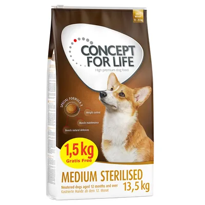 Concept for Life Medium Sterilised, 13,5 kg torrfoder för kastrerade hundar från 12 månader. Specialformula: viktkontroll, muskelvård, stärker naturligt försvar. 1,5 kg gratis.