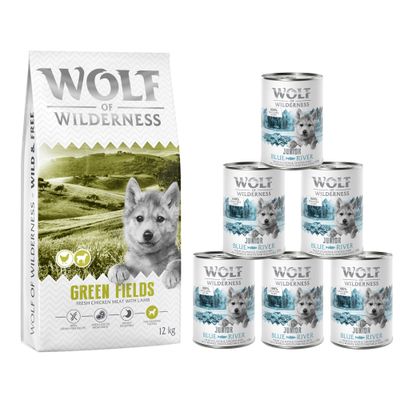 Wolf of Wilderness Wild Hills 12 kg száraz táp és 6 konzerv. Lila-fehér csomagolás, felirat: 100% grain-free recipe, Próbálja ki! narancssárga körben.