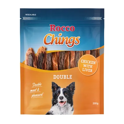 Rocco Chings Double Chicken with Liver, 200g. Dvojité maso. Balení s obrázkem psa a znovuuzavíratelnou funkcí.