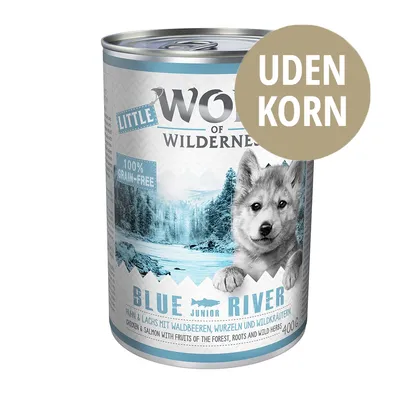 Little Wolf of Wilderness Blue River dåse 400 g, tekst: UDEN KORN, 100% GRAIN-FREE, BLUE JUNIOR RIVER, chicken & salmon with fruits of the forest, roots and wild herbs