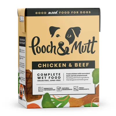 Chicken and beef complete wet food, grain free and junk free, with prebiotics for digestion, natural and fresh ingredients. Contains beef, carrots and broccoli.