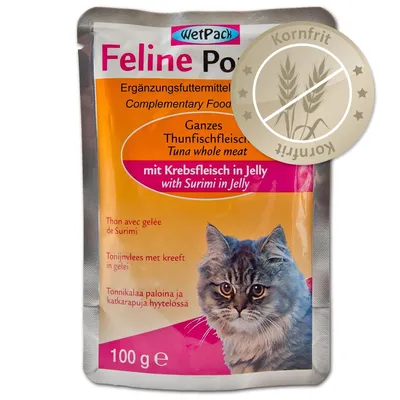 WetPack Feline Pouch, 100 g. Ganzes Thunfischfleisch mit Krebsfleisch in gelé. Kornfrit. Billede af kat på emballagen. Tekst også på engelsk, fransk, hollandsk og finsk.