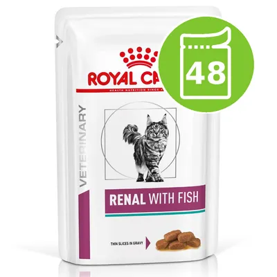 Pouch labelled 'Renal with Fish', showing thin slices in gravy, veterinary diet. Green icon indicates 48 pouches included.