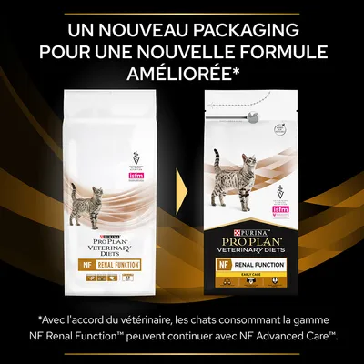 Comparaison de l’ancien et du nouveau packaging Purina Pro Plan Veterinary Diets NF Renal Function pour chats, mention « nouvelle formule améliorée » et texte vétérinaire visible.