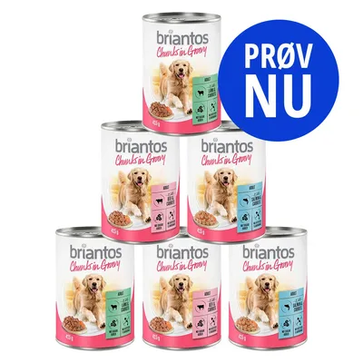 6 dåser Briantos Chunks in Gravy hundefoder, varianter Adult Lamb & Carrots og Adult Salmon & Carrots, 415 g. Stor blå cirkel med teksten PRØV NU.