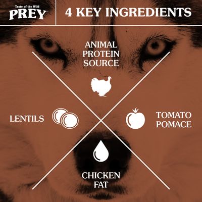 Taste of the Wild PREY. 4 KEY INGREDIENTS: ANIMAL PROTEIN SOURCE, LENTILS, TOMATO POMACE, CHICKEN FAT. Teksti englanniksi.