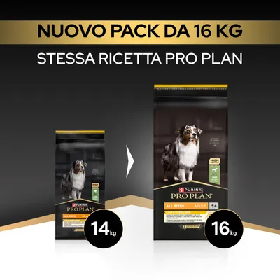 Nuovo pacco da 16 kg Purina Pro Plan All Sizes Adult, precedentemente 14 kg. Stessa ricetta, nuovo formato di confezione più grande. Nuovo pacco da 16 kg Purina Pro Plan All Sizes Adult, precedentemente 14 kg. Stessa ricetta, nuovo formato di confezione più grande.