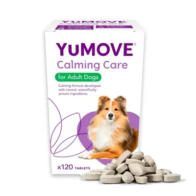 YuMOVE Calming Care for Adult Dogs, calming formula with natural, scientifically proven ingredients, 120 tablets shown in front of the box.