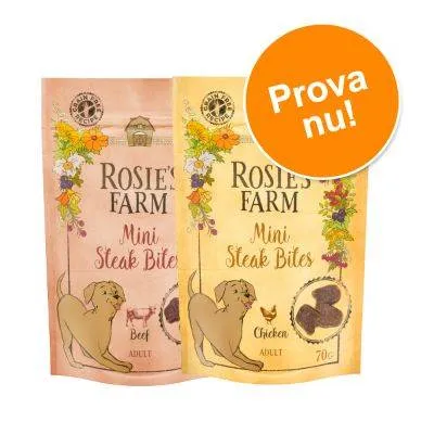 Rosie’s Farm Mini Steak Bites Beef Adult och Chicken Adult 70 g. Orange cirkel med texten: Prova nu!