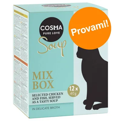 Cosma Pure Love Soup Mix Box, 12 x 40 g, pollo e pesce selezionati in brodo delicato. Scritta arancione: Provami! Cosma Pure Love Soup Mix Box, 12 x 40 g, pollo e pesce selezionati in brodo delicato. Scritta arancione: Provami!