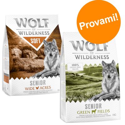 Set prova misto! Wolf of Wilderness Senior 2 x 1 kg Crocchette per cani 2 x 1 kg: "Green Fields" - Agnello" e "Soft - Wide Acres" - Pollo"