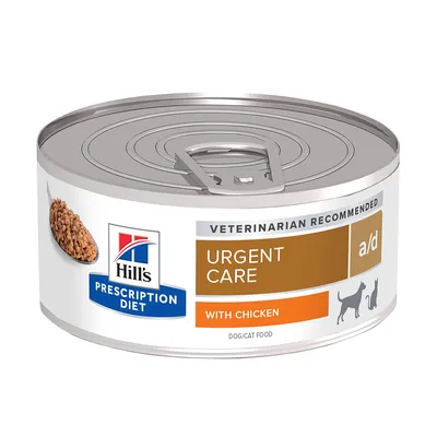 Tin labelled Prescription Diet, urgent care a/d, with chicken, veterinarian recommended, dog/cat food. Includes image of food and animal icons.