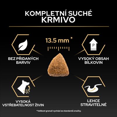 Kompletní granule, 13,5 mm velikost, bez barviv, vysoký obsah bílkovin, vysoká vstřebatelnost živin, lehce stravitelné. Všechny informace jsou přímo viditelné na obrázku.