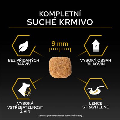 Kompletné suché krmivo, veľkosť granúl 9 mm, bez farbív, vysoký obsah bielkovín, vysoká vstrebateľnosť živín, ľahko stráviteľné.