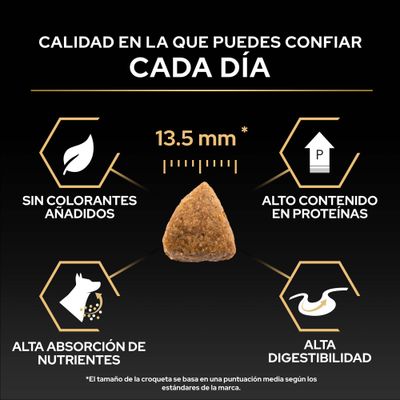 Tamaño de croqueta, 13,5 mm, sin colorantes, alto contenido de proteínas, alta absorción de nutrientes y alta digestibilidad según la imagen.