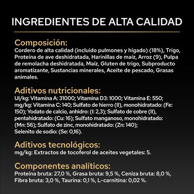Lista de ingredientes: cordero, trigo, proteína de ave, harina de maíz, arroz, pulpa de remolacha, maíz, gluten de trigo, aceite de pescado, grasas animales. Análisis: proteína 27%, grasa 9,5%, fibra bruta 3%.